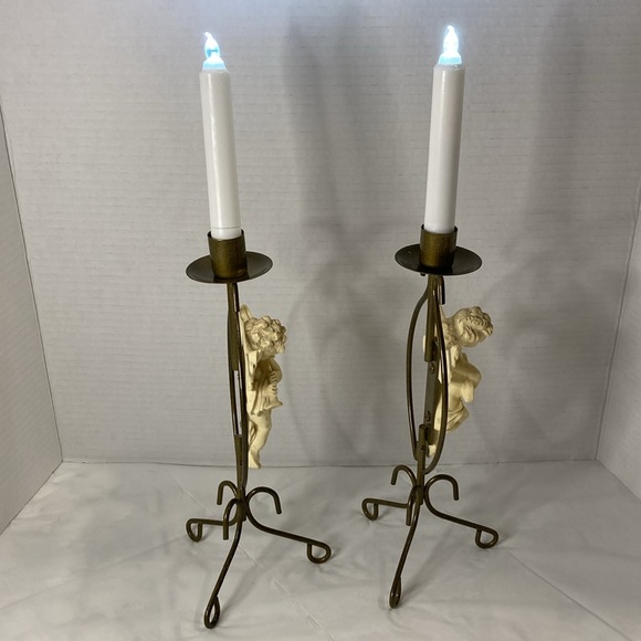 Candle Holders Metal Vintage Resin Cherub Angels Musical Instrument Set of 2 - Picture 7 of 10
